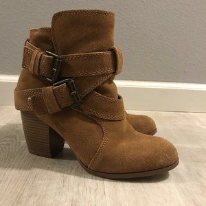 Genuine Suede Jessica Style Ankle Booties w Wrap Buckle Accent Lt Brown Sz 6.5